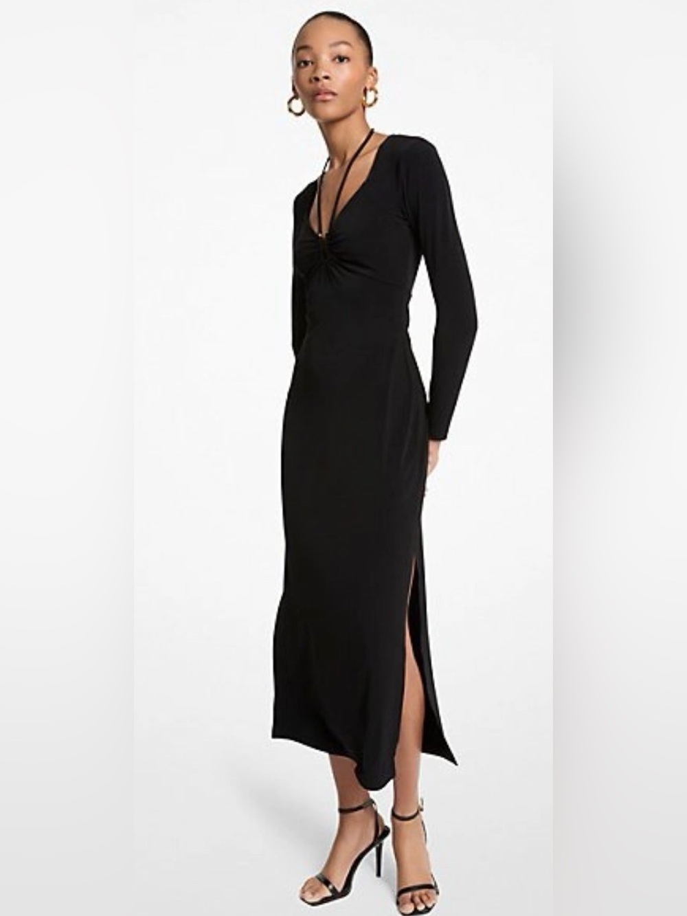 NWT Michael Kors Black Long Sleeve Midi Dress with Front Tie Detail
